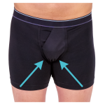 Close-up view of a person wearing black boxer briefs with two blue arrows pointing to the front pouch.