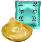 A latex condom next to its teal-colored packaging marked with safety certifications.