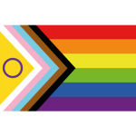 Progress Pride Flag with rainbow stripes, chevron, and intersex symbol.