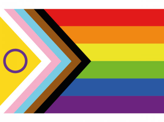 Progress Pride Flag with rainbow stripes, chevron, and intersex symbol.