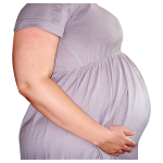 Side profile of a pregnant person in a grey dress cradling their belly.