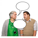 Elderly woman and man with Down syndrome talking with speech bubbles above their heads.