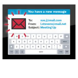 A digital tablet screen displaying a new email notification with a red envelope icon. The email is addressed to "sue.j@mail.com" from "l.stevens@mail.net" with the subject "Meeting Up." A virtual keyboard is visible at the bottom of the screen.