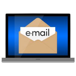 A laptop screen displaying an open envelope with a piece of paper inside that has the word "e-mail" written on it, set against a blue background.