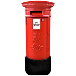 A traditional British red post box with a black base, featuring a royal insignia and a collection time notice stating "Last Collection 6.00pm."