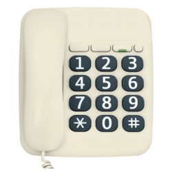 A beige landline telephone with large black buttons featuring white numbers and symbols. The handset is attached to the base with a coiled cord, and there are additional function buttons above the keypad.